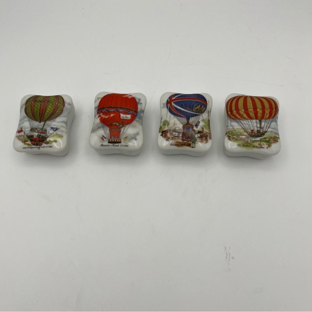 Vintage set of 4 Japan Bone Smithsonian trinket box hot air balloon series Rare